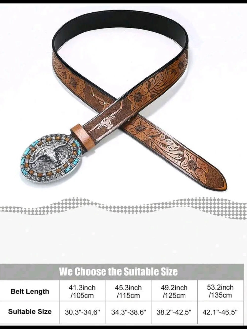 Western Tooled Brown Leather Belt with Turquoise Accent Buckle